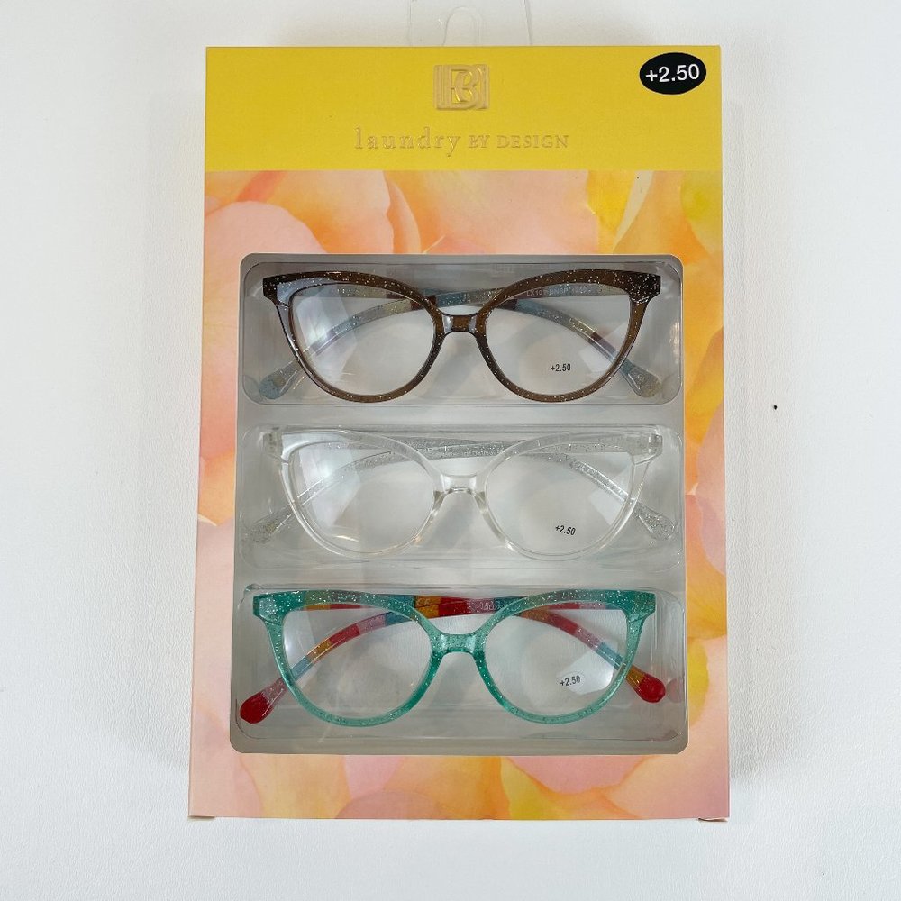 Laundry by Design +2.50 Reading Glasses Glitter Aqua Clear Brown Striped